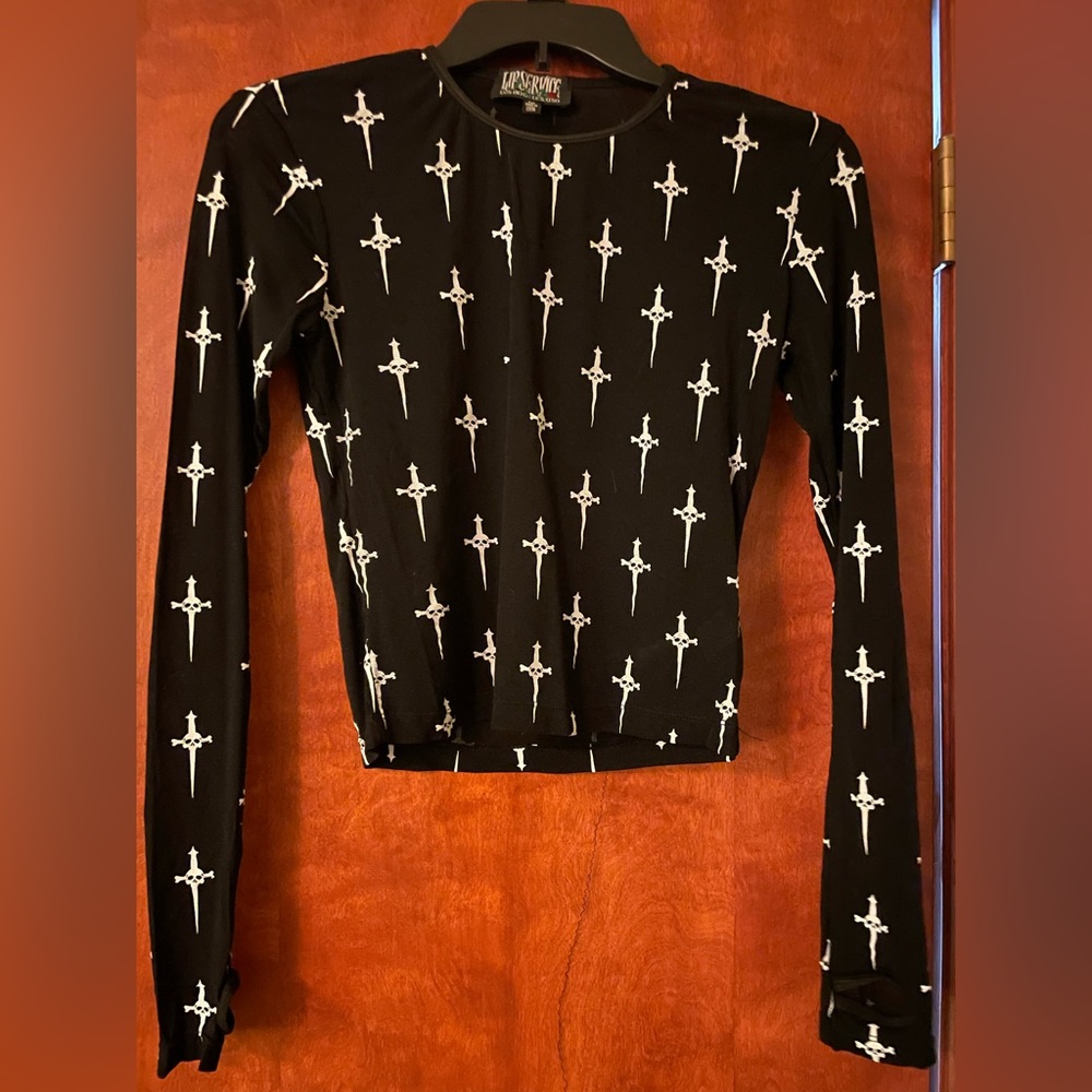 Lip Service Hot Mesh Sheer Logo Print Long Sleeve Top NWOT